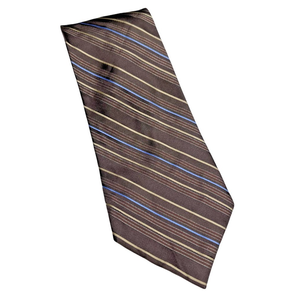 Paul Dione Men's Silk Designer Tie Classic Stripe Tie Brown Tan Blue 59" x 3.75"